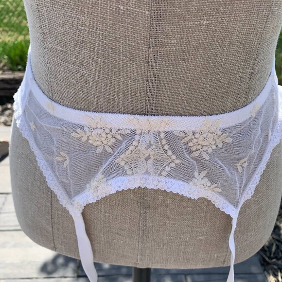 Vintage Garter Belt Suspenders Claws Ivory Sheer Embroidered Mesh - Picture 2 of 8